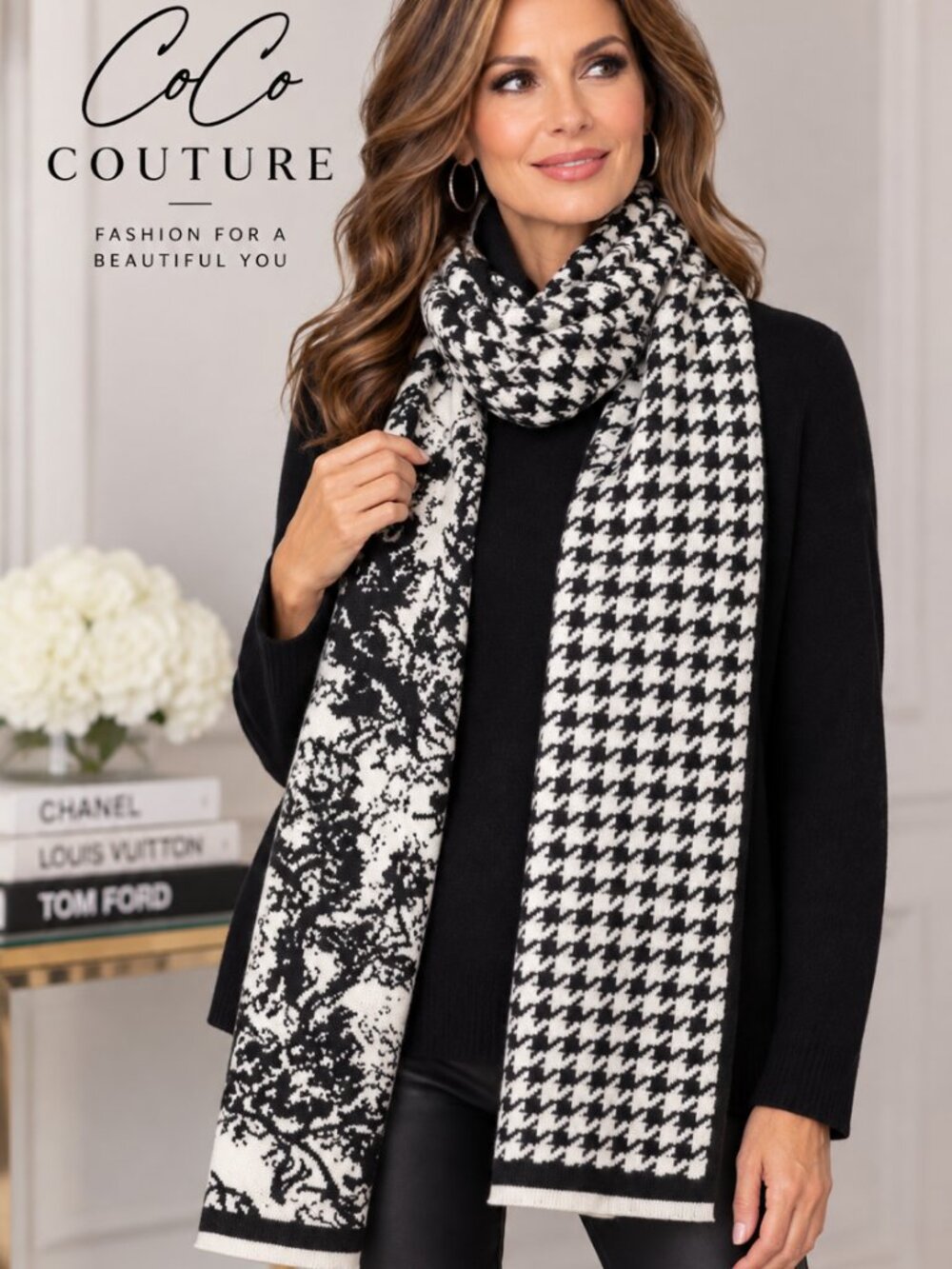 154289 Abstract Hounds tooth Reversible Scarf LONG